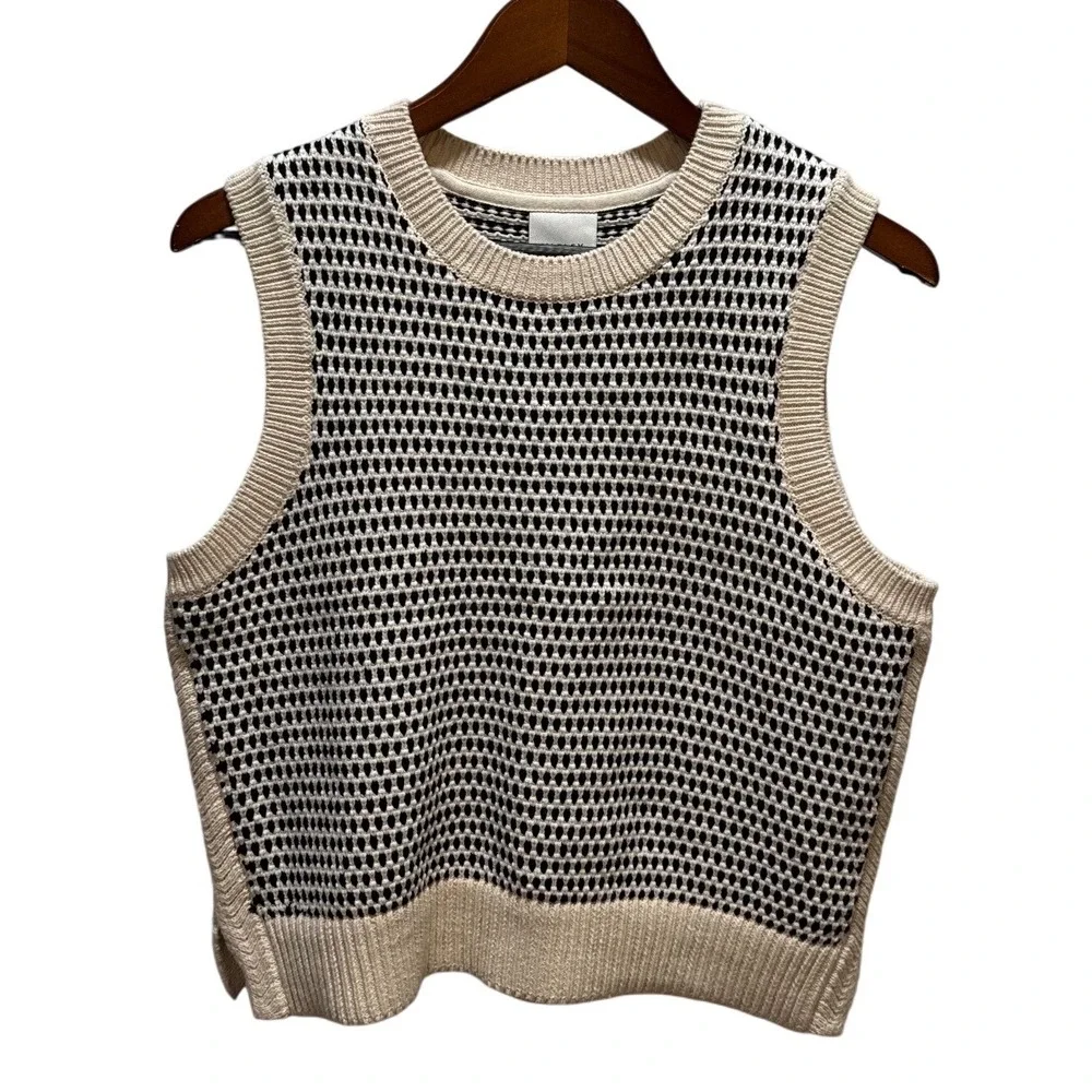 Varley Knowles Textured Knit Vest Sleeveless Top Beige Black Size M NWT - Picture 2 of 10
